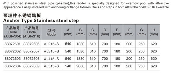 1.0mm سلم حمام السباحة الفولاذ المقاوم للصدأ
