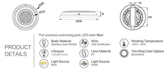 35 ملم ارتفاع IP68 9W أضواء LED للماء تحت الماء
