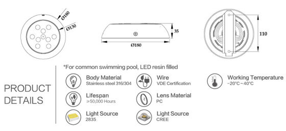 180mm 24V 12W أضواء LED للماء لحمامات السباحة