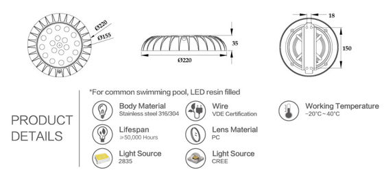 ضياء 225mm IP68 18W أضواء LED للماء تحت الماء