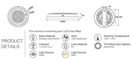 300mm Dia SS304 18W أضواء حمام السباحة تحت الماء